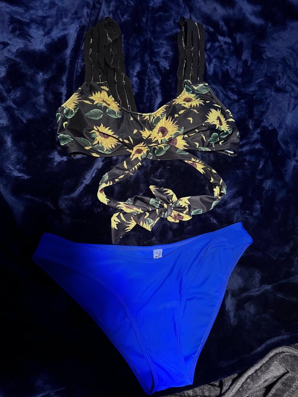 Sunflower Print Tie-Front Bikini Top with Royal Blue Bottoms